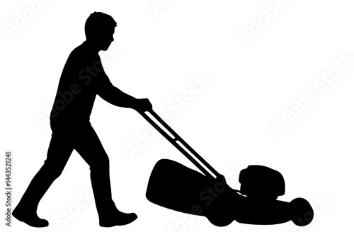 Silhouette of person pushing a lawn mower on white background
