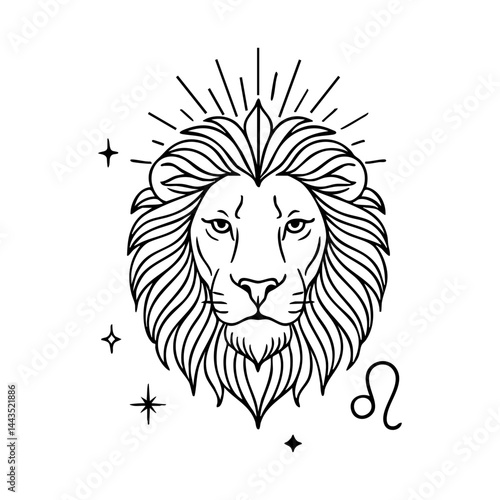 Leo Zodiac Lion Head with Radiant Mane and Stars – Mystical Line Art