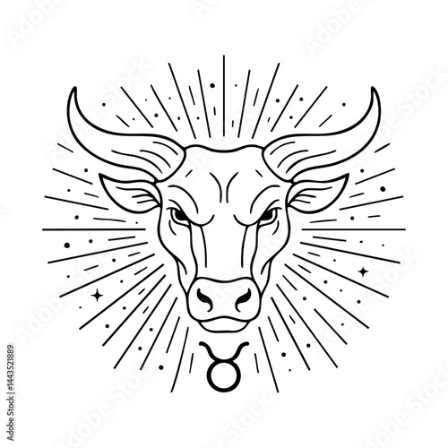 Taurus Zodiac Bull Head with Celestial Rays – Mystical Line Art Illustration