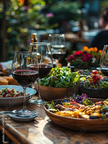 Delicious grilled steak served with fresh salad, roasted vegetables, and wine on a rustic outdoor dining table in a scenic garden. Perfect summer meal and festive celebration atmosphere.