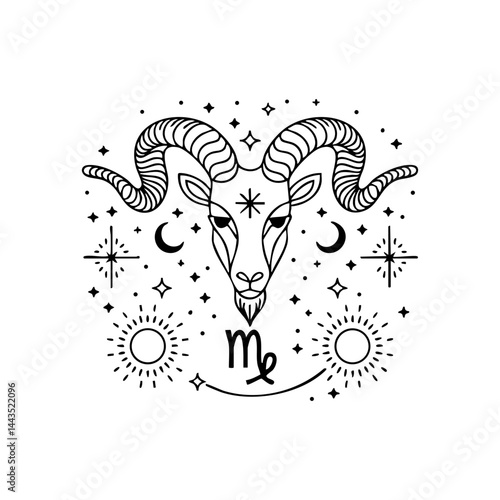 Mystical Ram Head with Virgo Zodiac Symbol and Celestial Elements – Line Art