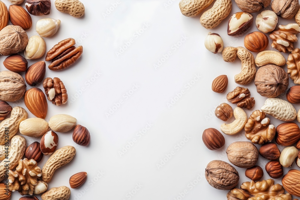 Assortment of mixed nuts arranged on both sides of a white background with copy space in the middle. Assortment of mixed nuts arranged on both sides of a white background with copy space in the middle.