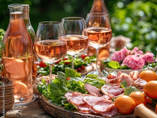 Delicious grilled steak served with fresh salad, roasted vegetables, and wine on a rustic outdoor dining table in a scenic garden. Perfect summer meal and festive celebration atmosphere.