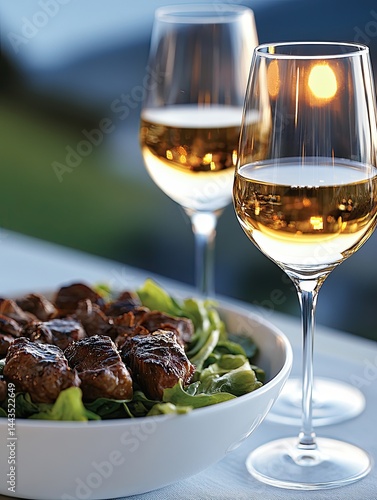 Delicious grilled steak served with fresh salad, roasted vegetables, and wine on a rustic outdoor dining table in a scenic garden. Perfect summer meal and festive celebration atmosphere.