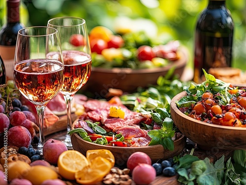 Delicious grilled steak served with fresh salad, roasted vegetables, and wine on a rustic outdoor dining table in a scenic garden. Perfect summer meal and festive celebration atmosphere.