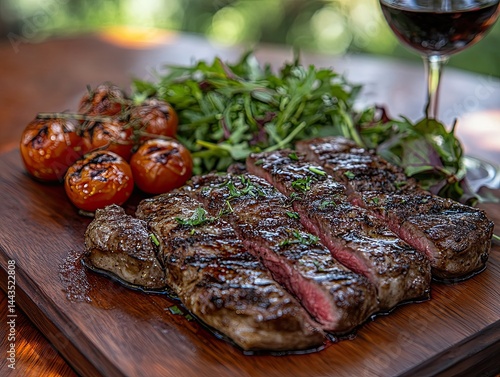 Delicious grilled steak served with fresh salad, roasted vegetables, and wine on a rustic outdoor dining table in a scenic garden. Perfect summer meal and festive celebration atmosphere.