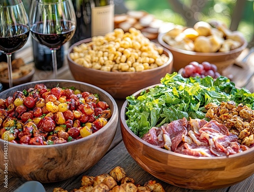 Delicious grilled steak served with fresh salad, roasted vegetables, and wine on a rustic outdoor dining table in a scenic garden. Perfect summer meal and festive celebration atmosphere.