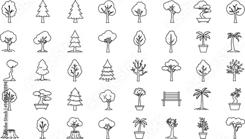 Trees line icon set. Vector pictograms of roots, branches, leaves, fruit, apple, orange, evergreen, tropical