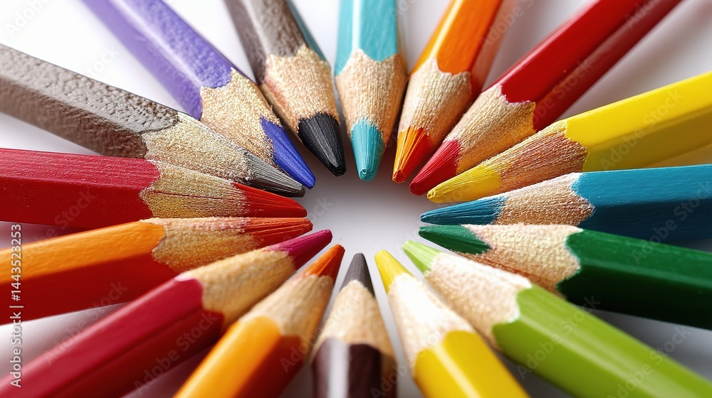 Vibrant Colored Pencils Arranged in a Circular Pattern on White Surface Vibrant Colored Pencils Arranged in a Circular Pattern on White Surface