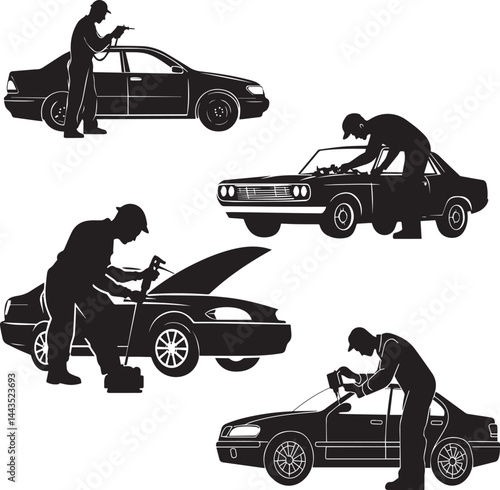 Mechanic Fixing Car flat black vector silhouette