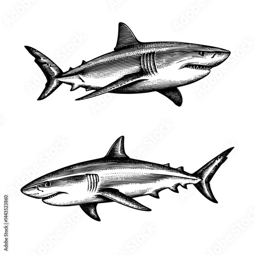 sharks threatening engraving vintage style black and white illustration