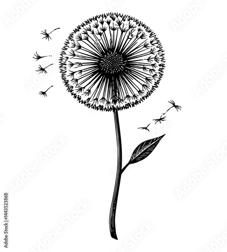 Dandelion seeds blowing illustration woodblock vintage style black and white