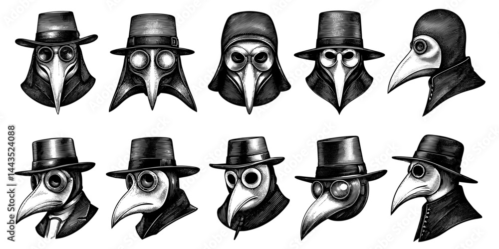 Naklejka premium Plague Doctor Masks set in Engraving vintage Style Black and White illustration