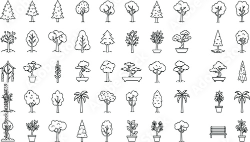 Trees line icon set. Vector pictograms of roots, branches, leaves, fruit, apple, orange, evergreen, tropical