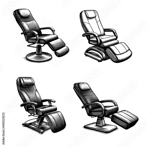 reclining chairs set vintage engraved style illustrations in black and white
