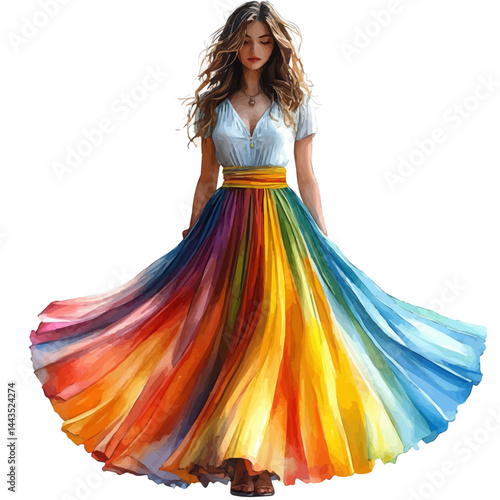 Silk Skirt With A Flowy Design, watercolor vector, isolated on a white background.