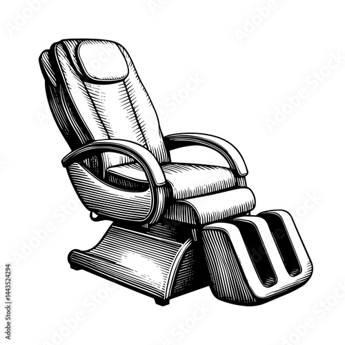 Massage chair illustration wood engraving style in black and white, therapeutic furniture