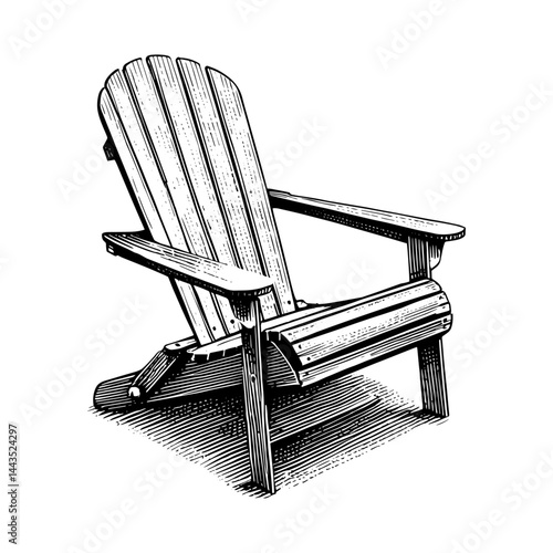 Adirondack chair illustration woodcut style in black and white, outdoor furniture