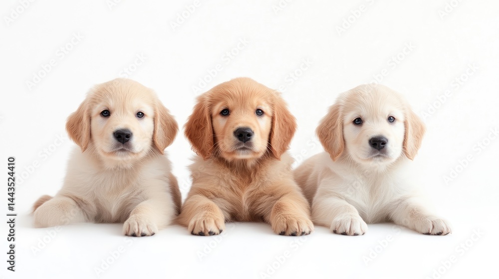 Golden Retriever Puppies Studio Shot Clean Style High-resolution Bright Lighting Frontal View Adorable Poses White Background Warm Cream Tones Perfect for Pet Adoption Websites Golden Retriever Puppies Studio Shot Clean Style High-resolution Bright Lighting Frontal View Adorable Poses White Background Warm Cream Tones Perfect for Pet Adoption Websites