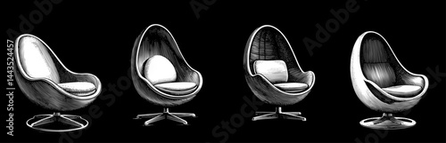 Egg chair illustrations set in woodcut style in black and white, mid-century modern design