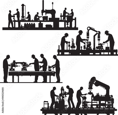 Factory Workers Operating Machinery silhouette vector