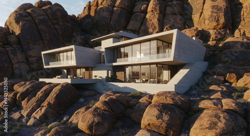 Modern Residence Embraced By Desert Rock Formations At Golden Hour