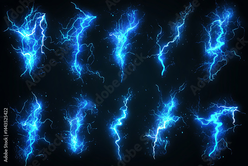 A collection of vibrant blue lightning bolts set against a dark background, showcasing energy