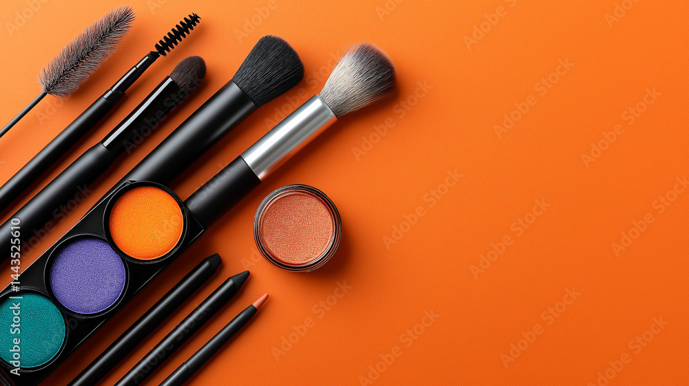 Makeup brushes and cosmetics palette creating vibrant orange look Makeup brushes and cosmetics palette creating vibrant orange look