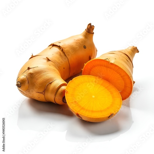 Fresh Raw Turmeric Root – Organic Haldi with Vibrant Orange Color on White Background.
