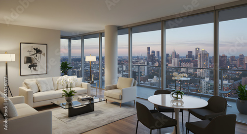 Luxurious Apartment Interior With Cityscape View At Sunset For Real Estate