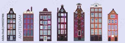 Amsterdam ancient city style architecture. Colorful canal houses. Holland travel background
