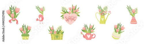 Spring Flower and Blooming Garden Flora Composition Vector Set