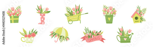 Spring Flower and Blooming Garden Flora Composition Vector Set