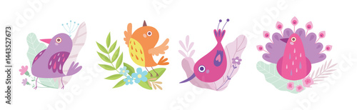 Cute Little Birdie in Bright Foliage and Leaf Vector Set
