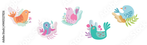 Cute Little Birdie in Bright Foliage and Leaf Vector Set
