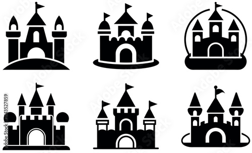black and white silhouettes of inflatable castles icon set design