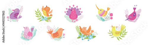 Cute Little Birdie in Bright Foliage and Leaf Vector Set