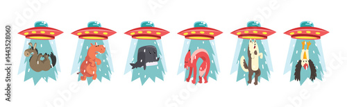 Alien UFO Spaceship Taking Away Animals Vector Set