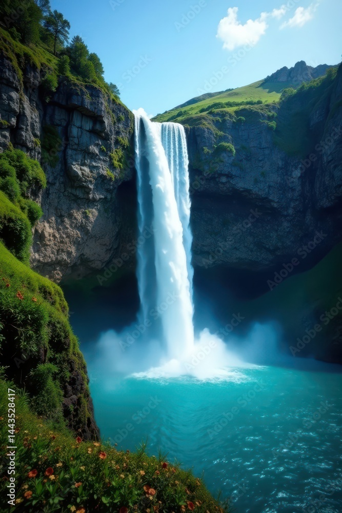 Naklejka premium Sheer cliff face, pristine waterfall plunges into turquoise pool below , high resolution, wild, blue