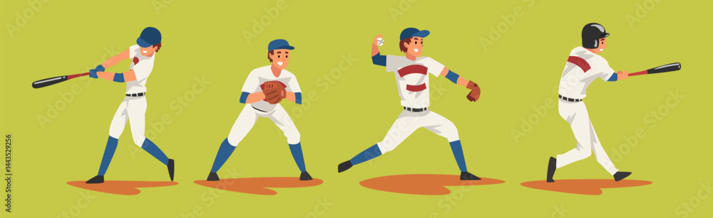 Young Man Baseball Player Playing Bat-and-ball Game Vector Set Young Man Baseball Player Playing Bat-and-ball Game Vector Set
