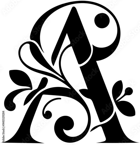 Ornate Capital Letter "A" with Flourishes and Floral Design