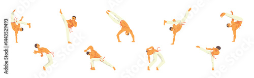 Male Karate Fighter Practicing Martial Art Vector Set