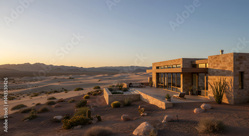 Desert Modern Home At Sunset With Sand Dunes And Mountains In Background