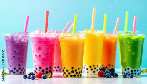 Colorful assortment of fruit bubble teas presented on a bright background during a summer day