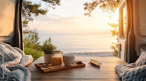 Family road trips and van life adventure. A cozy van interior with sunrise view over the serene ocean, perfect for adventures.
