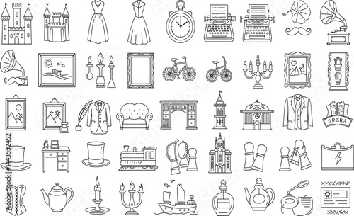Victorian Era line icon set. Vector pictograms of 19th-century, antique, dress, corset, typewriter, gramophone, pocket watch, tailcoat, letter with dry flowers