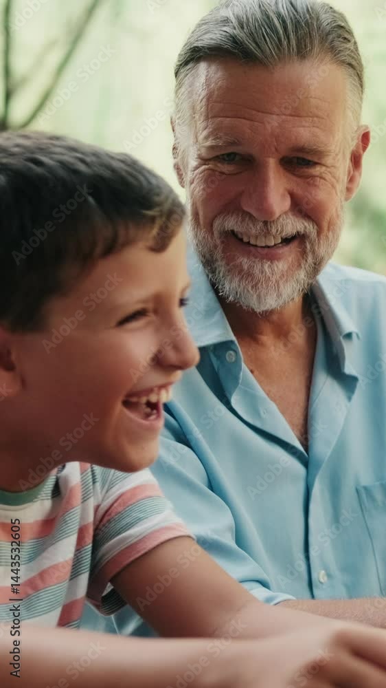 Vertical video, Grandfather and grandson are using a laptop, sitting at a table outside, talking and laughing. They are enjoying their time together. Vertical video, Grandfather and grandson are using a laptop, sitting at a table outside, talking and laughing. They are enjoying their time together.