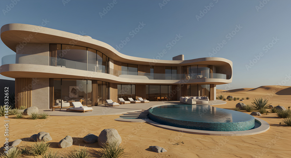 Fototapeta premium Desert Oasis Modern Villa With Infinity Pool And Luxury Architecture