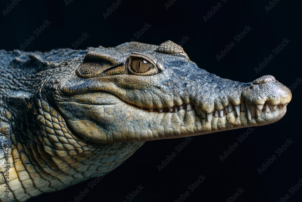 Fototapeta premium Crocodile Portrait: Intriguing Gaze, Textured Scales, Dark Mood