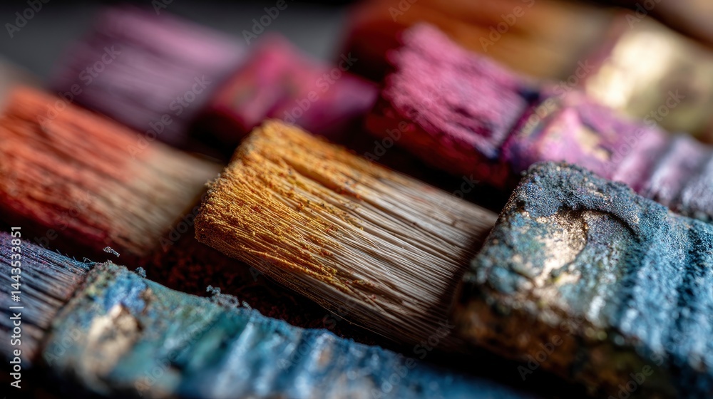 Naklejka premium Well-Used Paintbrushes: A Close-Up Study in Artistic Texture